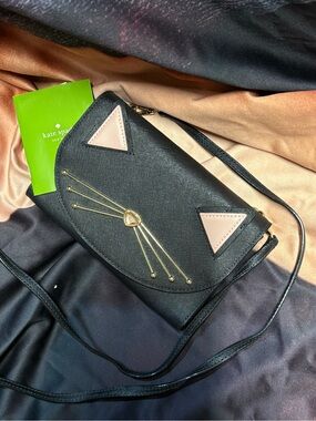 (new+card) Kate Spade Black Crossbody / Clutch Pink Ear Accents & Gold Whisker